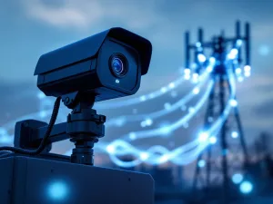 Zwarte beveiligingscamera op mobiele eenheid met blauwe 5G-signalen en dataverbinding naar zendmast op de achtergrond