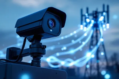 Zwarte beveiligingscamera op mobiele eenheid met blauwe 5G-signalen en dataverbinding naar zendmast op de achtergrond