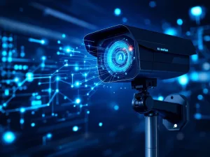 Moderne zwarte beveiligingscamera op paal met blauwe AI-circuits en holografische datavisualisaties