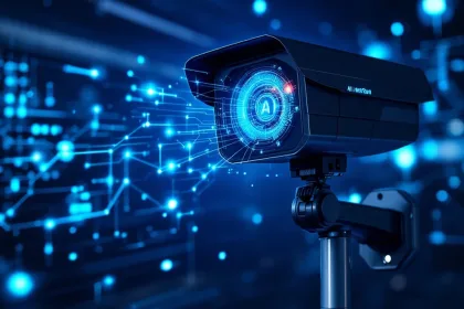 Moderne zwarte beveiligingscamera op paal met blauwe AI-circuits en holografische datavisualisaties