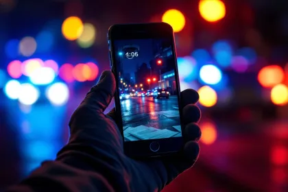 Beveiligingsmedewerker houdt telefoon met live camerabeelden van incident met knipperende noodlichten