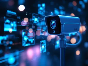 Moderne beveiligingscamera op metalen paal met digitale datastromen en blauwe monitoring-indicatoren op donkere achtergrond