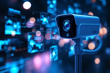 Moderne beveiligingscamera op metalen paal met digitale datastromen en blauwe monitoring-indicatoren op donkere achtergrond