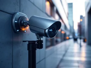 Moderne beveiligingscamera met koepelvorm en blauwe LED-indicatoren gemonteerd op zwarte paal in stedelijke omgeving