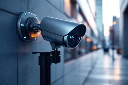 Moderne beveiligingscamera met koepelvorm en blauwe LED-indicatoren gemonteerd op zwarte paal in stedelijke omgeving