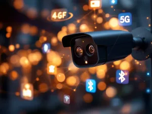 Moderne zwarte beveiligingscamera op paal met zwevende WiFi, 5G en Bluetooth connectiviteitspictogrammen in stedelijke omgeving