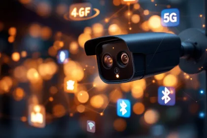 Moderne zwarte beveiligingscamera op paal met zwevende WiFi, 5G en Bluetooth connectiviteitspictogrammen in stedelijke omgeving