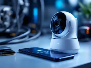 Mobiele beveiligingscamera op bureau met smartphone die firmware-update toont, blauwe LED-indicatoren actief