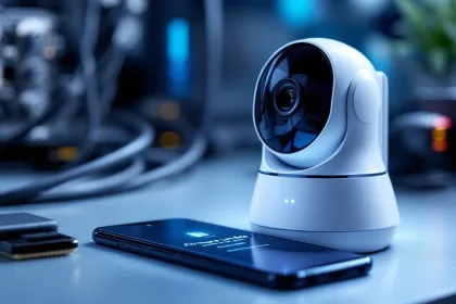 Mobiele beveiligingscamera op bureau met smartphone die firmware-update toont, blauwe LED-indicatoren actief