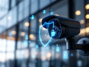 Zwarte beveiligingscamera op paal met digitaal schild en GDPR-pictogrammen voor kantoorgebouw