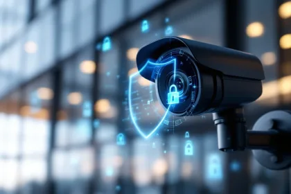 Zwarte beveiligingscamera op paal met digitaal schild en GDPR-pictogrammen voor kantoorgebouw