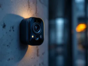 Zwarte beveiligingscamera op betonnen muur met HD-scherm dat scherpe bewakingsbeelden toont in moderne stedelijke omgeving