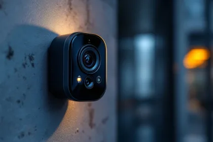 Zwarte beveiligingscamera op betonnen muur met HD-scherm dat scherpe bewakingsbeelden toont in moderne stedelijke omgeving