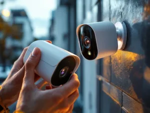 Handen installeren witte beveiligingscamera op moderne gebouwmuur met professionele gereedschappen bij gouden uur