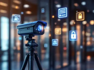 Moderne beveiligingscamera op statief met holografische juridische documenten en privacy-symbolen in kantooromgeving