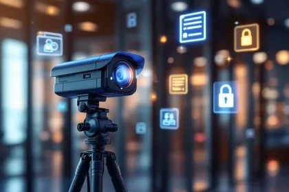 Moderne beveiligingscamera op statief met holografische juridische documenten en privacy-symbolen in kantooromgeving