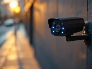 Moderne zwarte beveiligingscamera met blauwe LED-indicatoren op metalen paal in stedelijke omgeving tijdens gouden uur