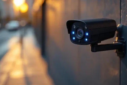 Moderne zwarte beveiligingscamera met blauwe LED-indicatoren op metalen paal in stedelijke omgeving tijdens gouden uur