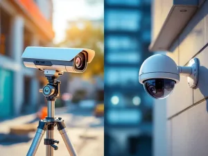 Vergelijking van mobiele beveiligingscamera op bouwplaats versus vast gemonteerde koepelcamera op gebouwmuur