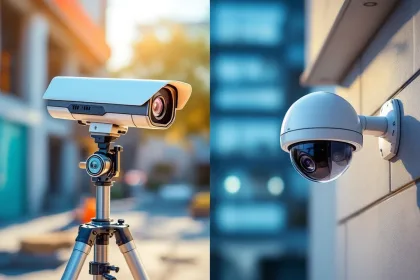 Vergelijking van mobiele beveiligingscamera op bouwplaats versus vast gemonteerde koepelcamera op gebouwmuur