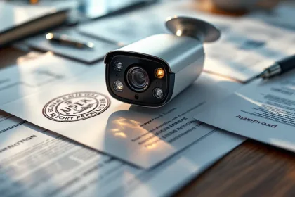 Moderne beveiligingscamera op houten bureau met officiële overheidsvergunningen en gestempelde goedkeuringsdocumenten