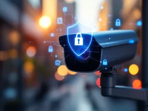 Zwarte beveiligingscamera op metalen paal met digitaal privacyschild en juridische symbolen in stedelijke omgeving