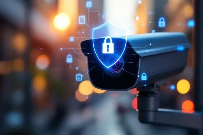 Zwarte beveiligingscamera op metalen paal met digitaal privacyschild en juridische symbolen in stedelijke omgeving