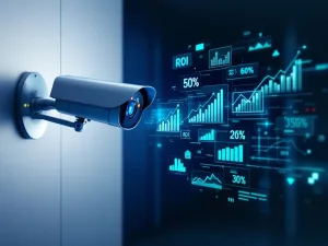 Moderne beveiligingscamera met holografische ROI-grafieken en financiële analyses in blauw-groene tinten