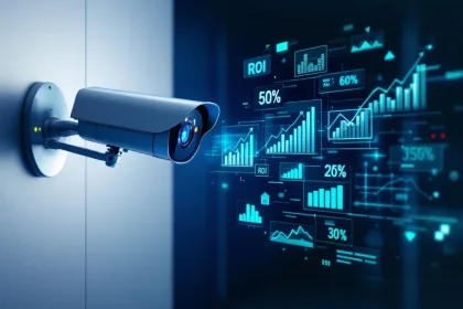 Moderne beveiligingscamera met holografische ROI-grafieken en financiële analyses in blauw-groene tinten