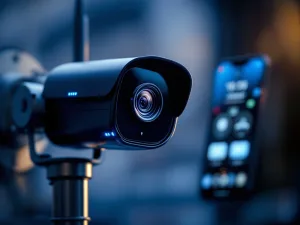 Zwarte beveiligingscamera op metalen paal met blauwe LED-indicatoren en smartphone met monitoring-interface op achtergrond