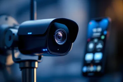 Zwarte beveiligingscamera op metalen paal met blauwe LED-indicatoren en smartphone met monitoring-interface op achtergrond