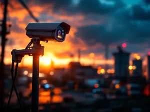 Mobiele beveiligingscamera op telescooppaal bewaakt industriële faciliteit tijdens gouden uur met LED-indicatoren