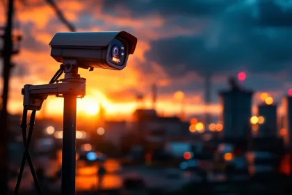 Mobiele beveiligingscamera op telescooppaal bewaakt industriële faciliteit tijdens gouden uur met LED-indicatoren