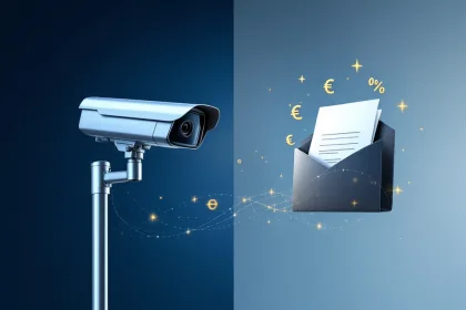 Moderne beveiligingscamera en verzekeringsdocument verbonden door gouden datalijnen op blauwe achtergrond