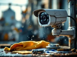 Weerbestendige beveiligingscamera op paal met onderhoudsgereedschap en waterdruppels in ochtendlicht