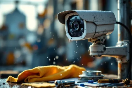 Weerbestendige beveiligingscamera op paal met onderhoudsgereedschap en waterdruppels in ochtendlicht