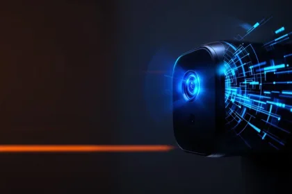 Zwarte beveiligingscamera met blauwe LED-indicator en bewegingsdetectie visualisatie in cyan lichteffecten