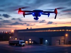 Beveiligingsdrone met LED-verlichting zweeft boven industriële faciliteit bij schemering met mobiele camera-eenheid