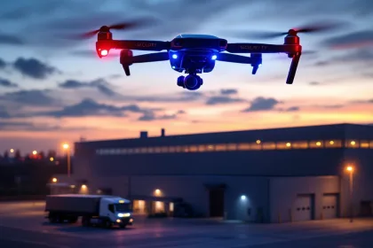 Beveiligingsdrone met LED-verlichting zweeft boven industriële faciliteit bij schemering met mobiele camera-eenheid