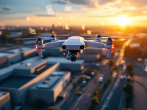 Witte commerciële beveiligingsdrone met camera's zweeft boven moderne industriële faciliteit tijdens gouden uur