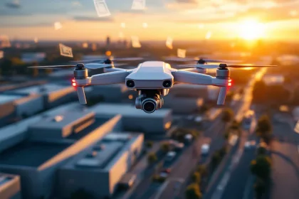 Witte commerciële beveiligingsdrone met camera's zweeft boven moderne industriële faciliteit tijdens gouden uur