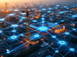 Luchtfoto van beveiligingscamera's verbonden door blauw digitaal netwerk over bouwplaatsen en industriële locaties