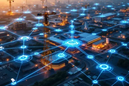 Luchtfoto van beveiligingscamera's verbonden door blauw digitaal netwerk over bouwplaatsen en industriële locaties