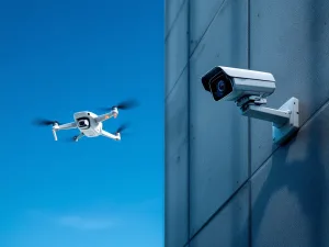Witte surveillancedrone en vaste beveiligingscamera in split-screen vergelijking tegen blauwe lucht en betonnen muur