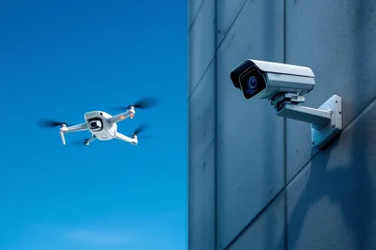 Witte surveillancedrone en vaste beveiligingscamera in split-screen vergelijking tegen blauwe lucht en betonnen muur