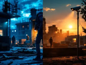 Beveiligingscamera's beschermen bouwplaats tegen inbraak, contrast met onbeveiligde locatie met dure apparatuur