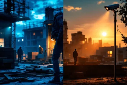 Beveiligingscamera's beschermen bouwplaats tegen inbraak, contrast met onbeveiligde locatie met dure apparatuur