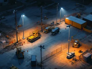 Luchtfoto van bouwplaats bij schemering met beveiligingscamera's op palen, LED-verlichting en tijdelijke hekken