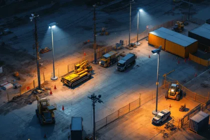 Luchtfoto van bouwplaats bij schemering met beveiligingscamera's op palen, LED-verlichting en tijdelijke hekken