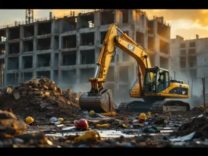 Beschadigde graafmachine en gereedschap op onbeveiligde bouwplaats tijdens gouden uur, toont behoefte aan bewaking